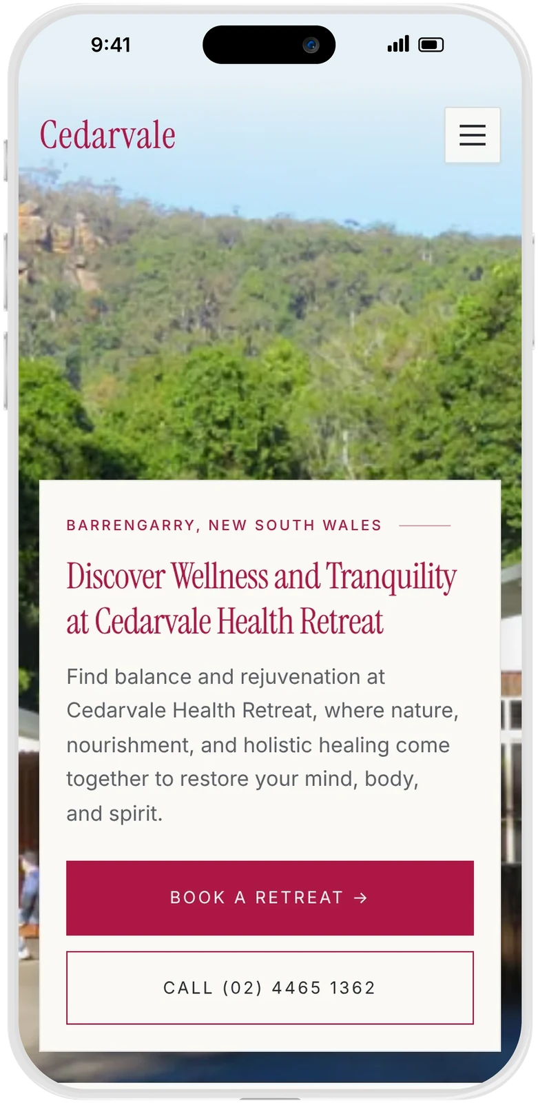 Cedarvale Health Retreat website on an iPhone