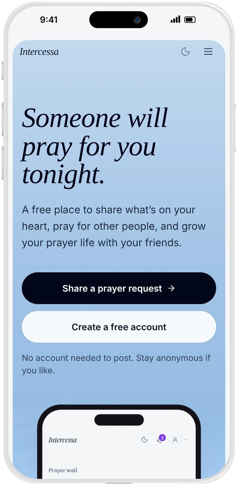 Intercessa website on an iPhone